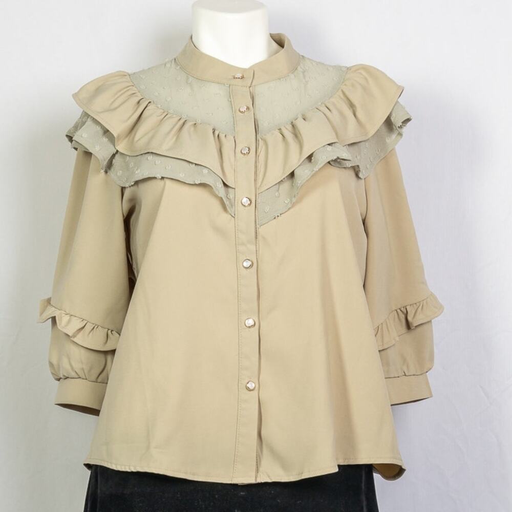 Pooky Korean Beige Ruffled Babydoll blouse top sz M